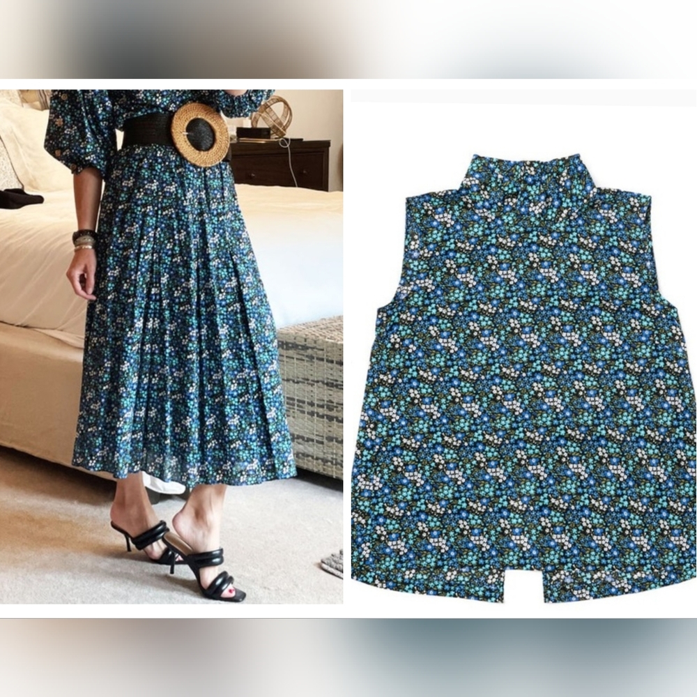 Buru set - smocked waist midi skirt & sleeveless mod top Black Micro floral sz M